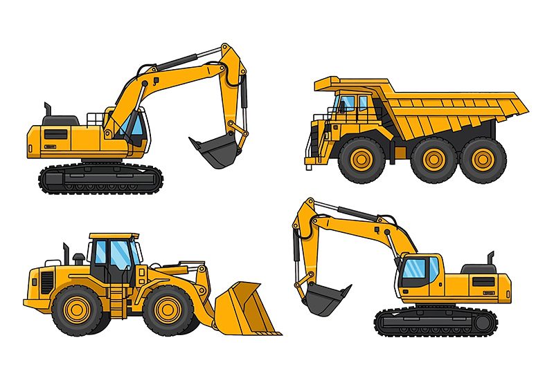 Adobe illustrator flat style illustration set of four heavy cons เหตุผลที่รถตักล้อยางเหมาะกับงานเคลื่อนย้ายวัสดุหนักในพื้นที่ก่อสร้าง