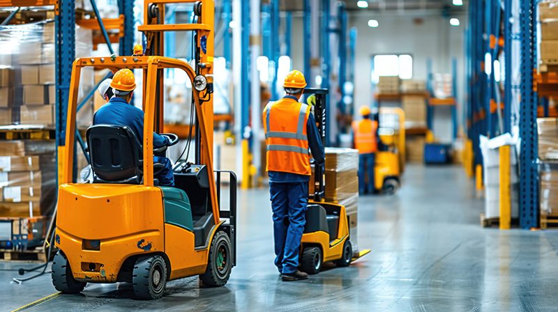 A well-organized warehouse environment with workers efficiently เช่ารถโฟล์คลิฟท์